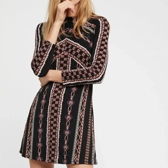 Free People Dresses & Skirts - Free People Stella Dress Womens XS Black Multicolor Long Sleeve Boho Stretch